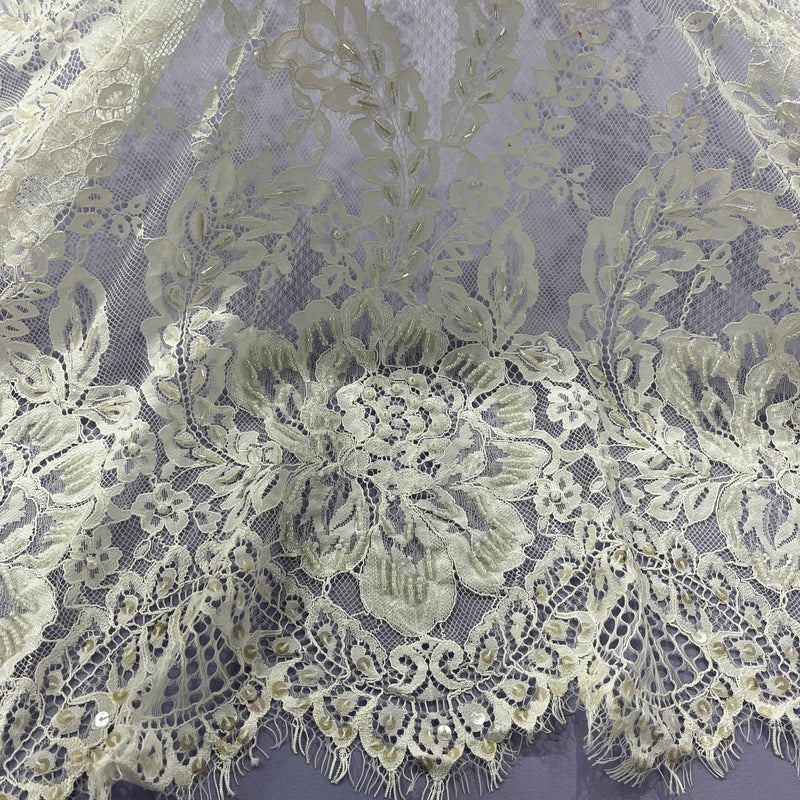 Beaded Chantilly Lace Fabric with Eyelash Scallop, Off White, 3 Yards x 56"
