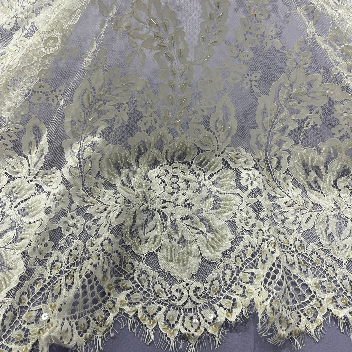 Beaded Chantilly Lace Fabric with Eyelash Scallop, Off White, 3 Yards x 56"