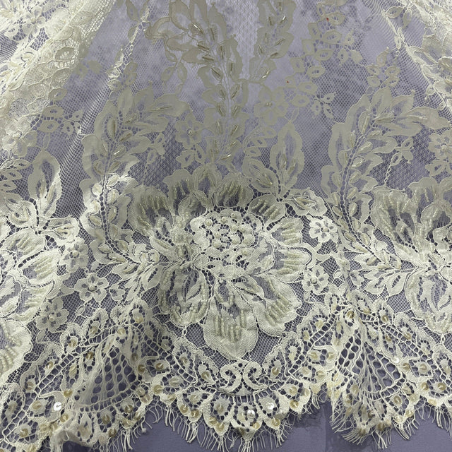 Beaded Chantilly Lace Fabric with Eyelash Scallop, Off White, 3 Yards x 56"