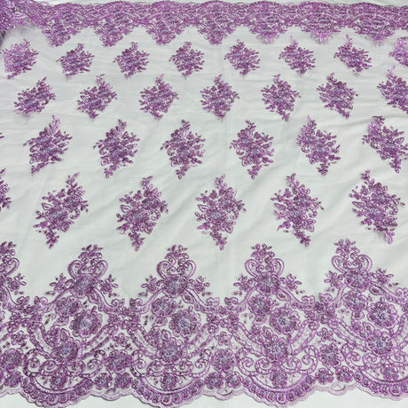 1 Yard Regal Beaded and Corded Lace Fabric with Scallops Embroidered on Polyester Net Mesh