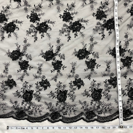 Beaded Lace Fabric on Polyester Net Mesh Black 53"