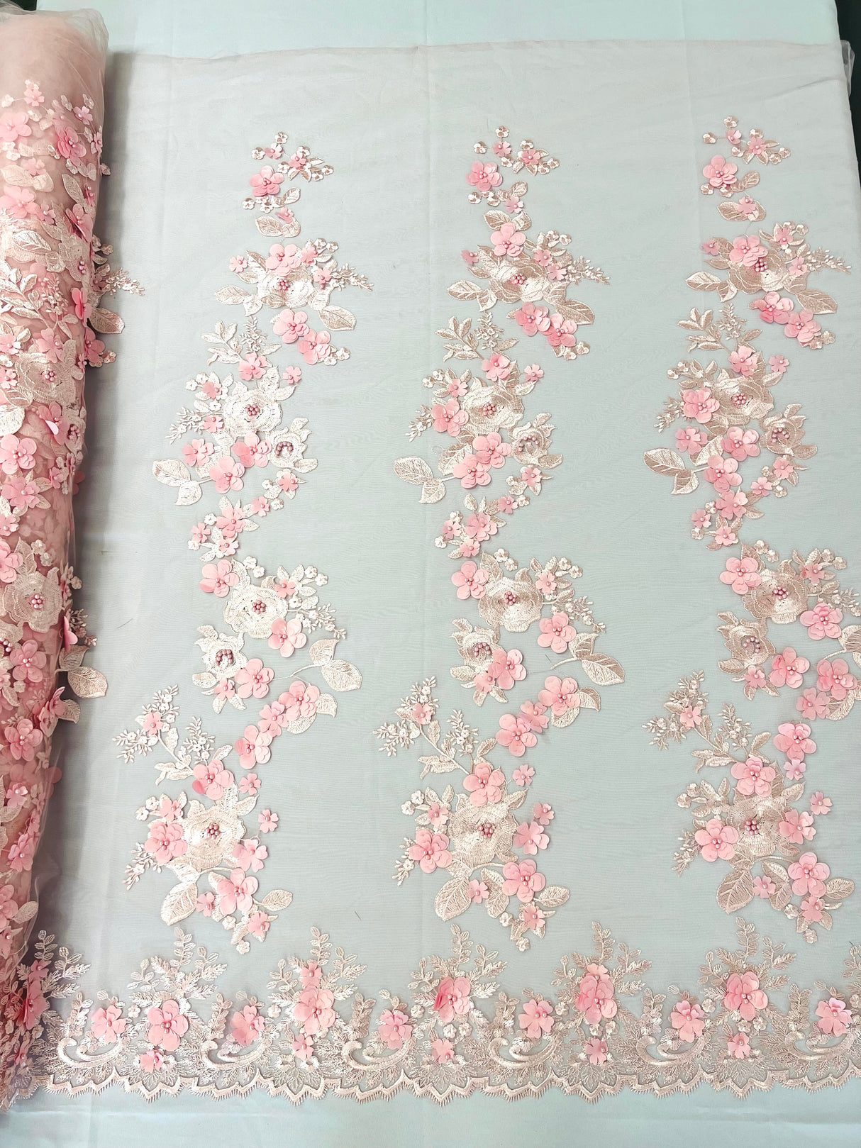 Scarlet 3D Floral Design Lace Fabric - Embroidered Beaded Mesh Lace, Double Scallop, 54" Width (1 Yard)