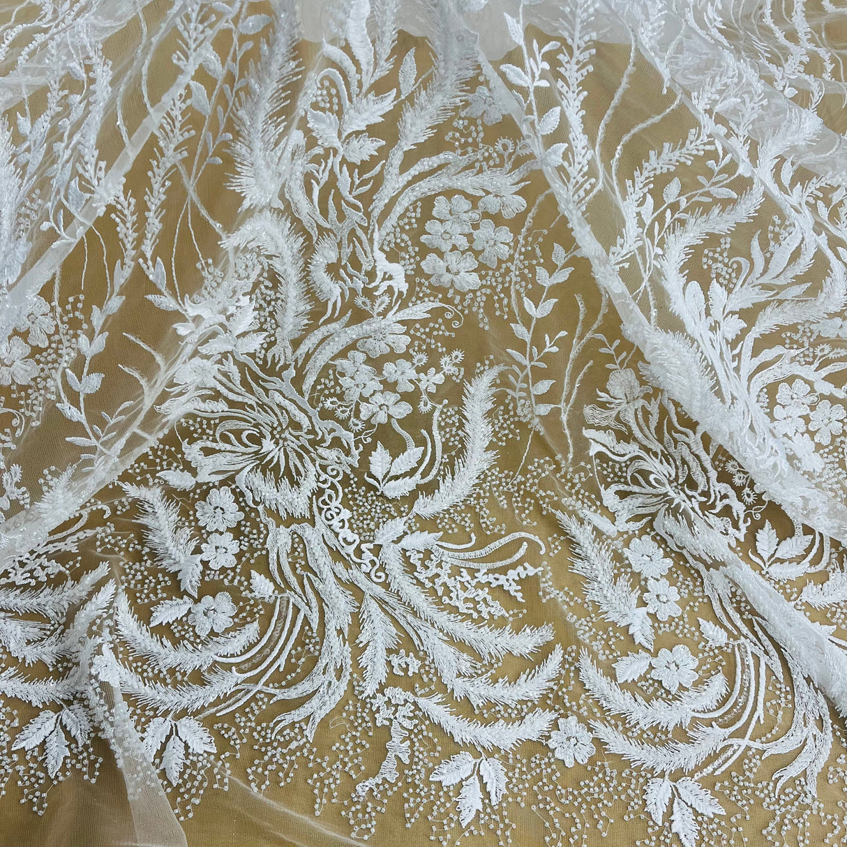 Beaded Lace Fabric - Embroidered 100 Percent Polyester Net Mesh, White, Ivory, Antique Silver, 56" Width (1 Yard)
