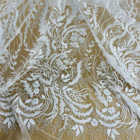 Beaded Lace Fabric - Embroidered 100 Percent Polyester Net Mesh, White, Ivory, Antique Silver, 56" Width (1 Yard)