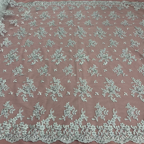 Beaded Corded Lace Fabric - Floral Design, Scalloped Edges, 52" Width (1 Yard)