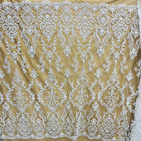 1 Yard Beaded & Sequined Lace Fabric, Ivory, Silver, and Blush