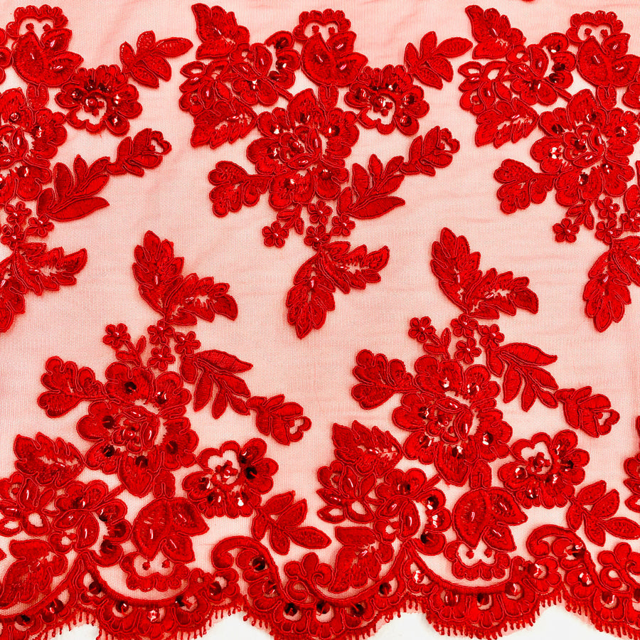1 Yard Beaded and Corded Bridal Lace Fabric Embroidered on Polyester Net Mesh