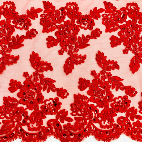 1 Yard Beaded and Corded Bridal Lace Fabric Embroidered on Polyester Net Mesh
