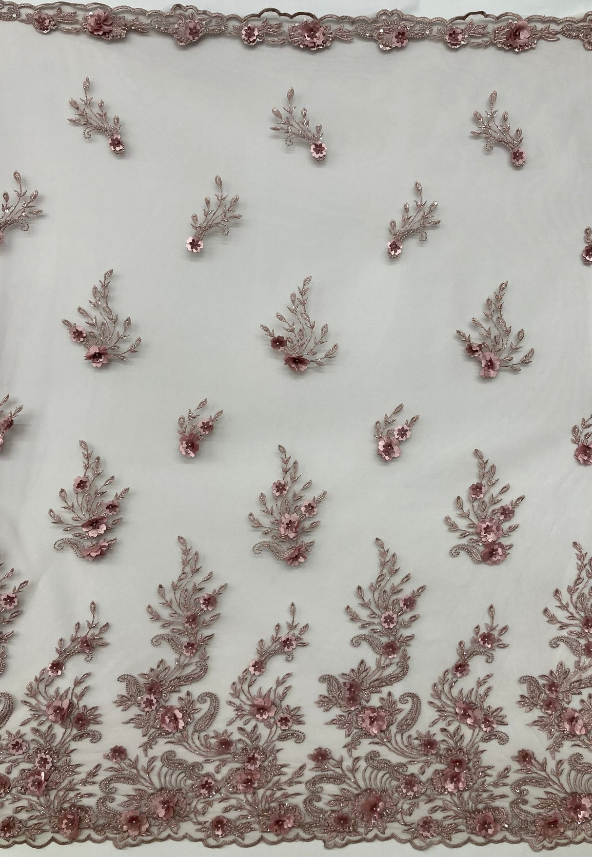 Beaded 3D Floral Lace Polyester Fabric - Black, Dusty Rose, Vanilla, 51" Width (1 Yard)