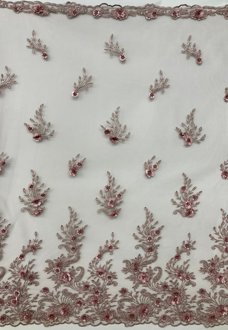 Beaded 3D Floral Lace Polyester Fabric - Black, Dusty Rose, Vanilla, 51" Width (1 Yard)