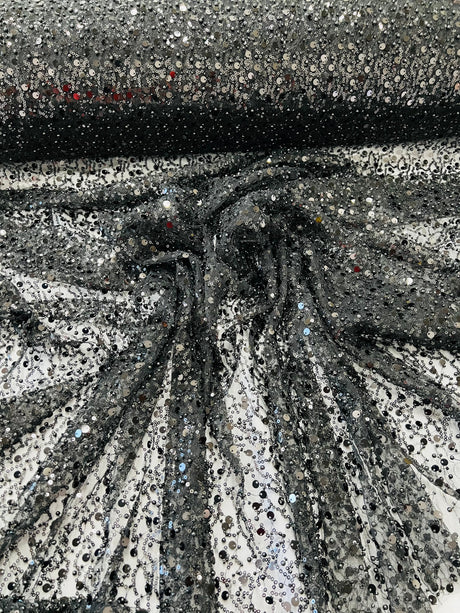 All Over Beaded Lace Polyester Fabric - Beaded, Sequins, Pearls, Mesh Lace, 54" Width (1 Yard)