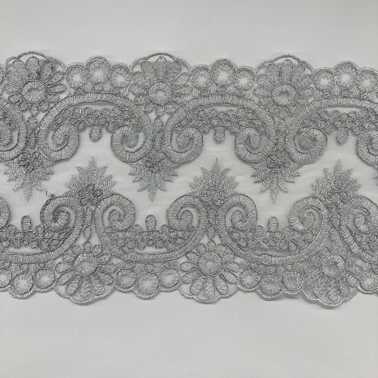 Corded Double Sided Lace Trimming Polyester Fabric - Embroidered Net Mesh, 6.5" Width (1 Yard)