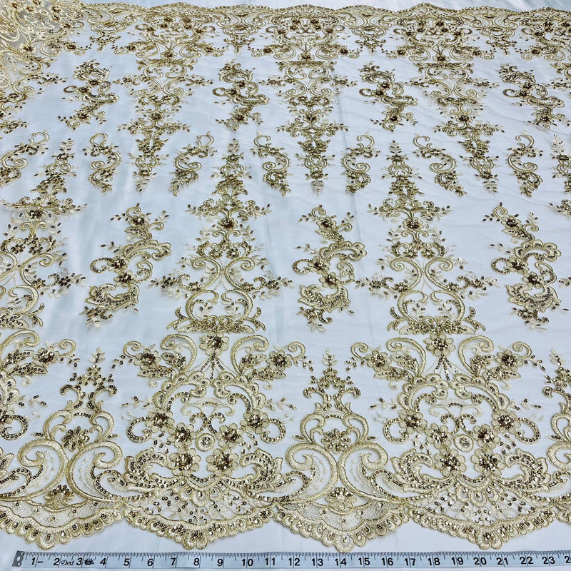 Ethereal Elegance Beaded Corded Bridal Embroidered Lace Polyester Fabric - White, Gold, Ivory, Silver, Rose Gold, 54" Width (1 Yard)