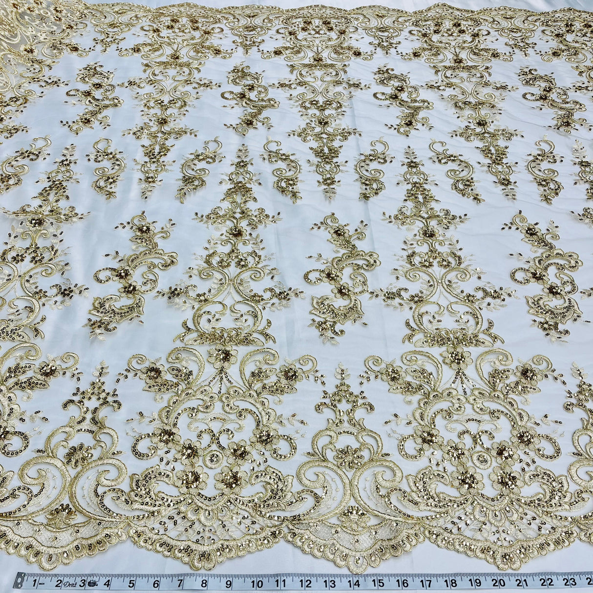 Ethereal Elegance Beaded Corded Bridal Embroidered Lace Polyester Fabric - White, Gold, Ivory, Silver, Rose Gold, 54" Width (1 Yard)