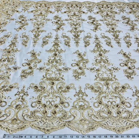 Ethereal Elegance Beaded Corded Bridal Embroidered Lace Polyester Fabric - White, Gold, Ivory, Silver, Rose Gold, 54" Width (1 Yard)