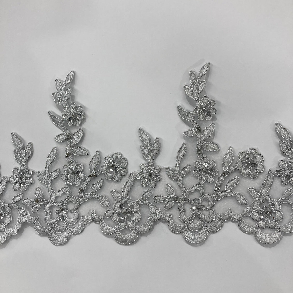 Beaded Corded Lace Trim on Polyester Mesh, 5.5"