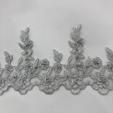 Beaded Corded Lace Trim on Polyester Mesh, 5.5"