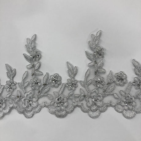 Beaded Corded Lace Trim on Polyester Mesh, 5.5"