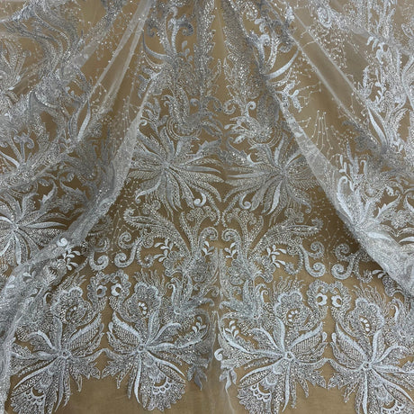 1 Yard Beaded Lace Fabric Embroidered With Fuzzy Thread on 100% Polyester Net Mesh
