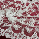 1 Yard Beaded and Corded Bridal Lace Fabric Embroidered on 100% Polyester Net Mesh White