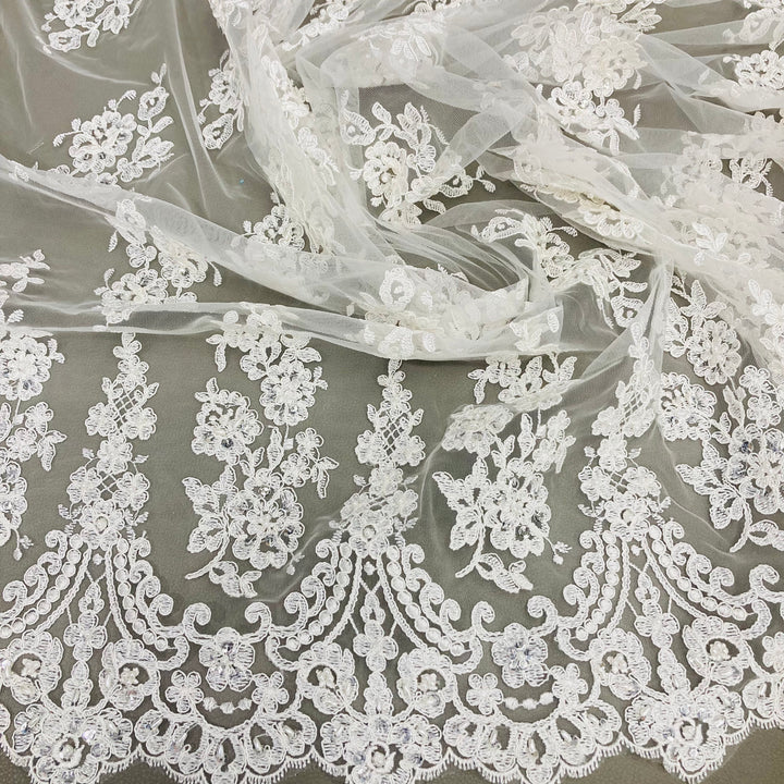 1 Yard Luxurious Corded Lace Fabric Embroidered on 100% Polyester Net Mesh White