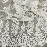 1 Yard Luxurious Corded Lace Fabric Embroidered on 100% Polyester Net Mesh White