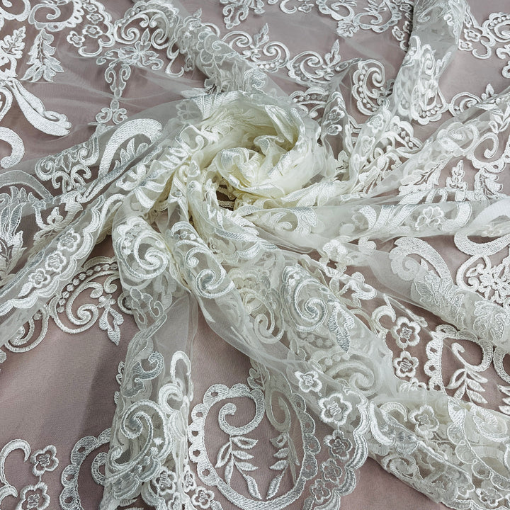 1 Yard Corded Bridal Lace Fabric Embroidered on 100% Polyester Net Mesh White