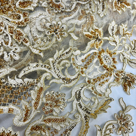 1 Yard Beaded & Corded Bridal Lace Fabric Embroidered on 100% Polyester Net Mesh