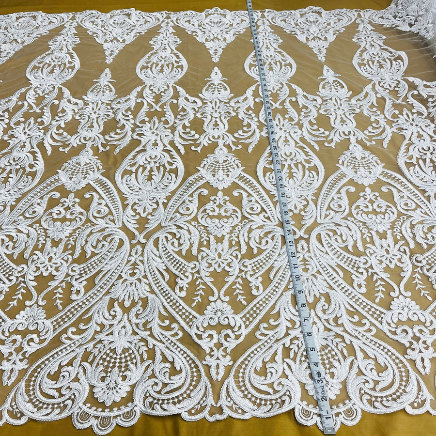 1 Yard Ivory Corded Bridal Lace Fabric Embroidered on 100 Percent Polyester Net Mesh 54 Inch Width