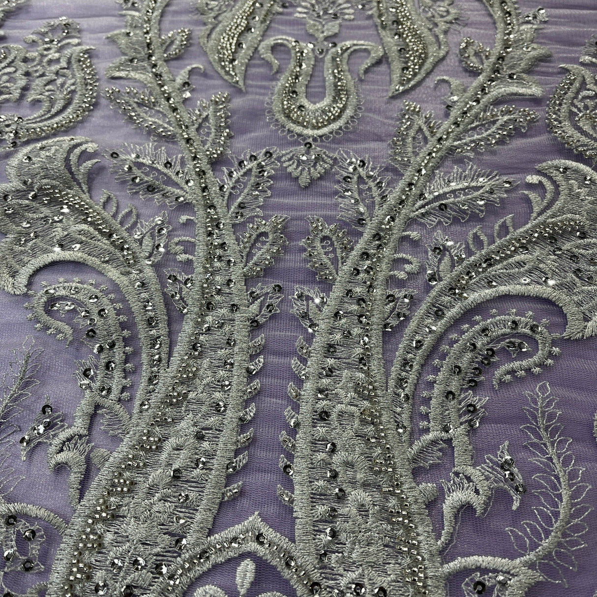 Beaded Lace Fabric on Polyester Net Mesh