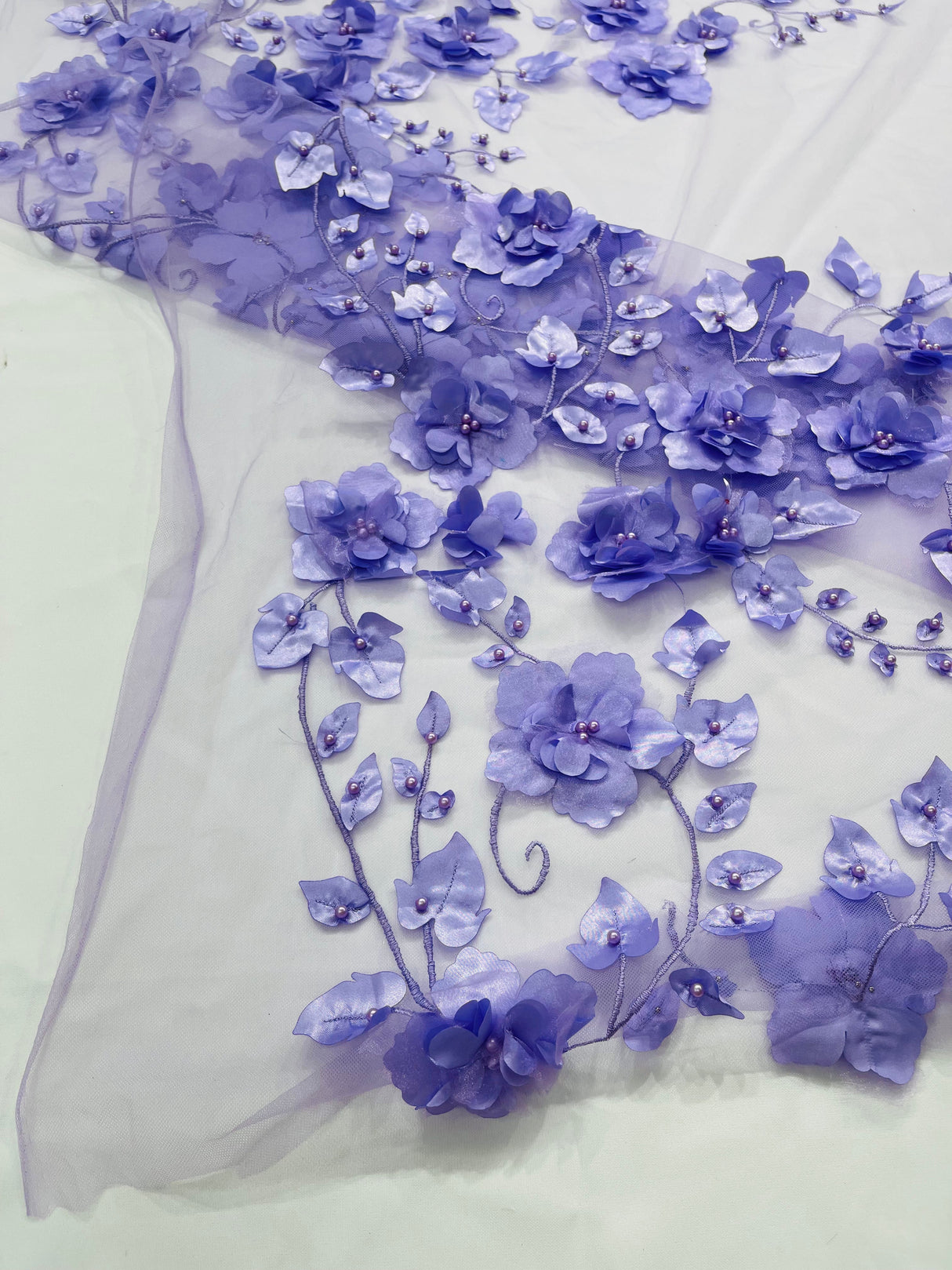 Orquidia 3D Floral Design Embroidered With Pearls Lace Fabric - 3D Floral Mesh Lace, 54" Width (1 Yard)