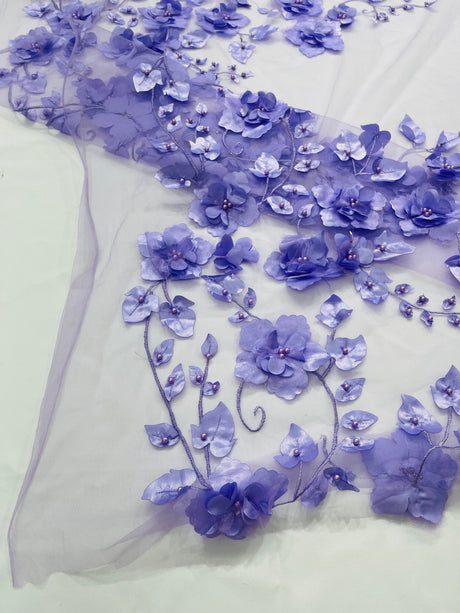 Orquidia 3D Floral Design Embroidered With Pearls Lace Fabric - 3D Floral Mesh Lace, 54" Width (1 Yard)