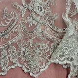 Beaded & Corded Bridal Polyester Lace Fabric - Embroidered Net Mesh, 51" Width (1 Yard)