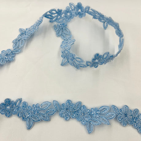 Beaded & Corded Lace Trimming Embroidered On 100% Polyester Net Fabric - 1.5" Width, Multiple Colors (1 Yard)