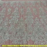 Beaded Lace Fabric Embroidered On 100 Percent Polyester Net Mesh - White, Ivory, Silver, Gold, Rose Gold, 60" Width (1 Yard)
