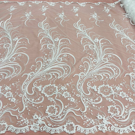 1 Yard - Corded Bridal Lace Fabric Embroidered on 100% Polyester Net Mesh - 54"
