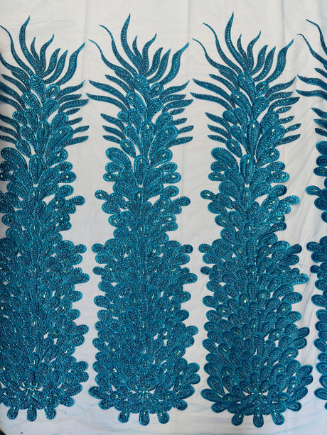 New Vegas Heavy Beaded Feather Design Embroidery Mesh Fabric - Beaded Feather Design, 11" Width, 50" Length (1 Panel)