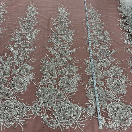 1 Yard Exquisite Beaded Lace Fabric Embroidered on Polyester Net Mesh