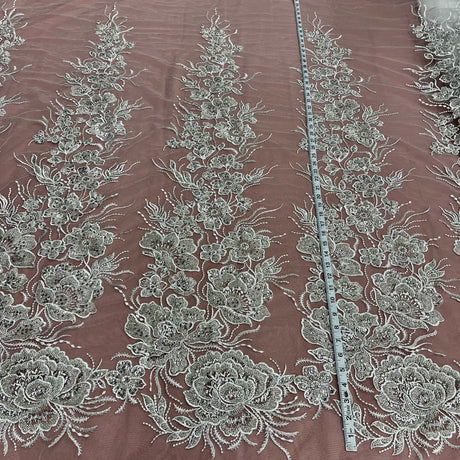Beaded Lace Fabric on Polyester Net Mesh