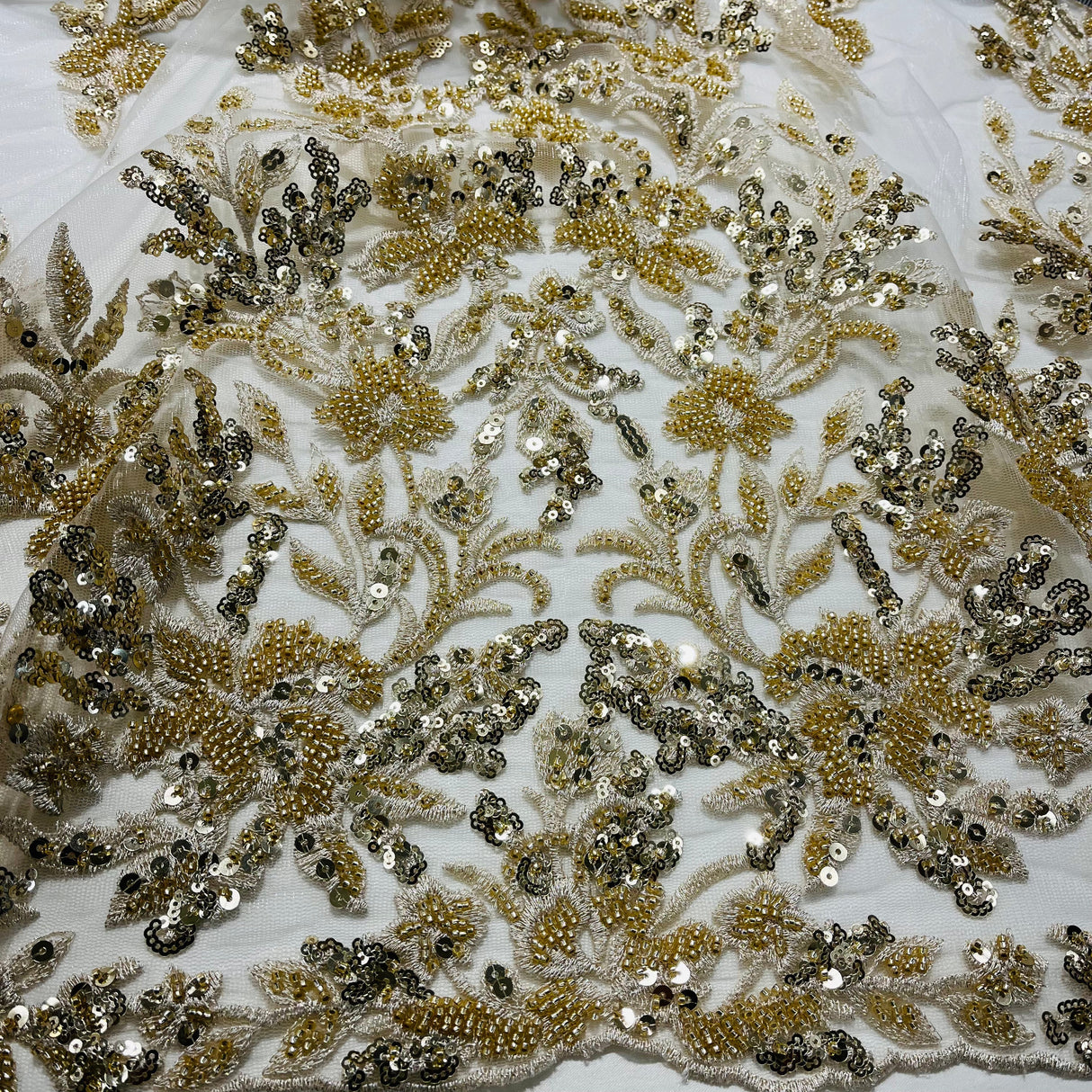 Beaded Lace Fabric Embroidered On 100 Percent Polyester Net Mesh - Gold, Silver, 52" Wide (1 Yard)
