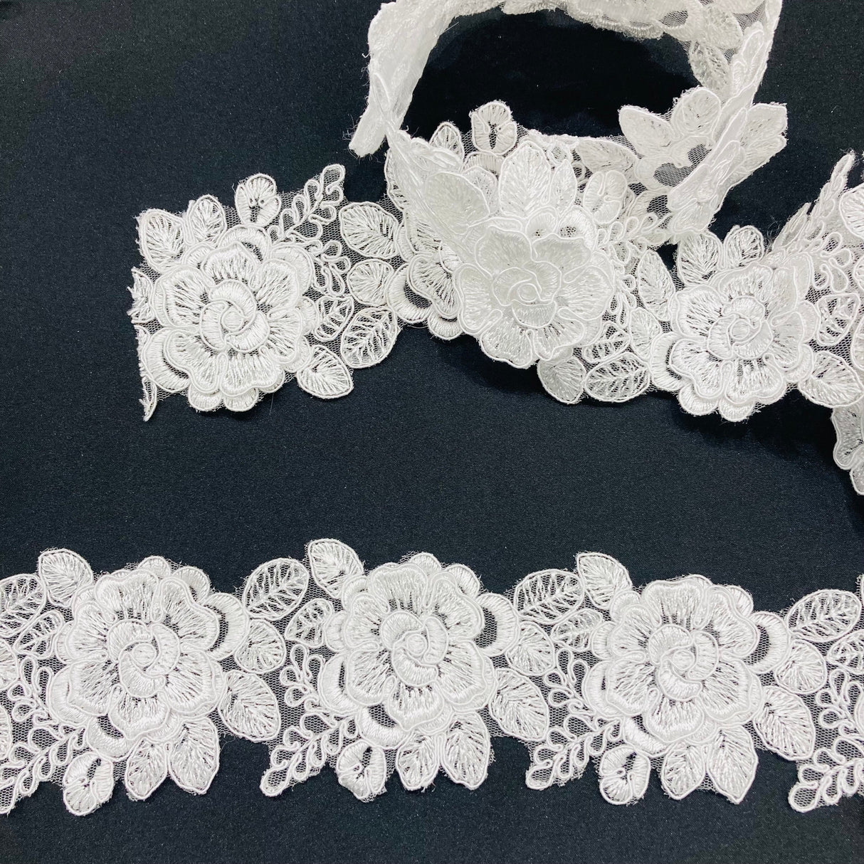 3D Floral Lace Trimming Embroidered Polyester Net Mesh 3"