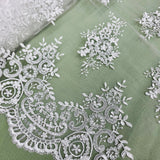 1 Yard Silver Corded Bridal Lace Fabric Embroidered on Polyester Net Mesh Elegant Design 56 Inch Width