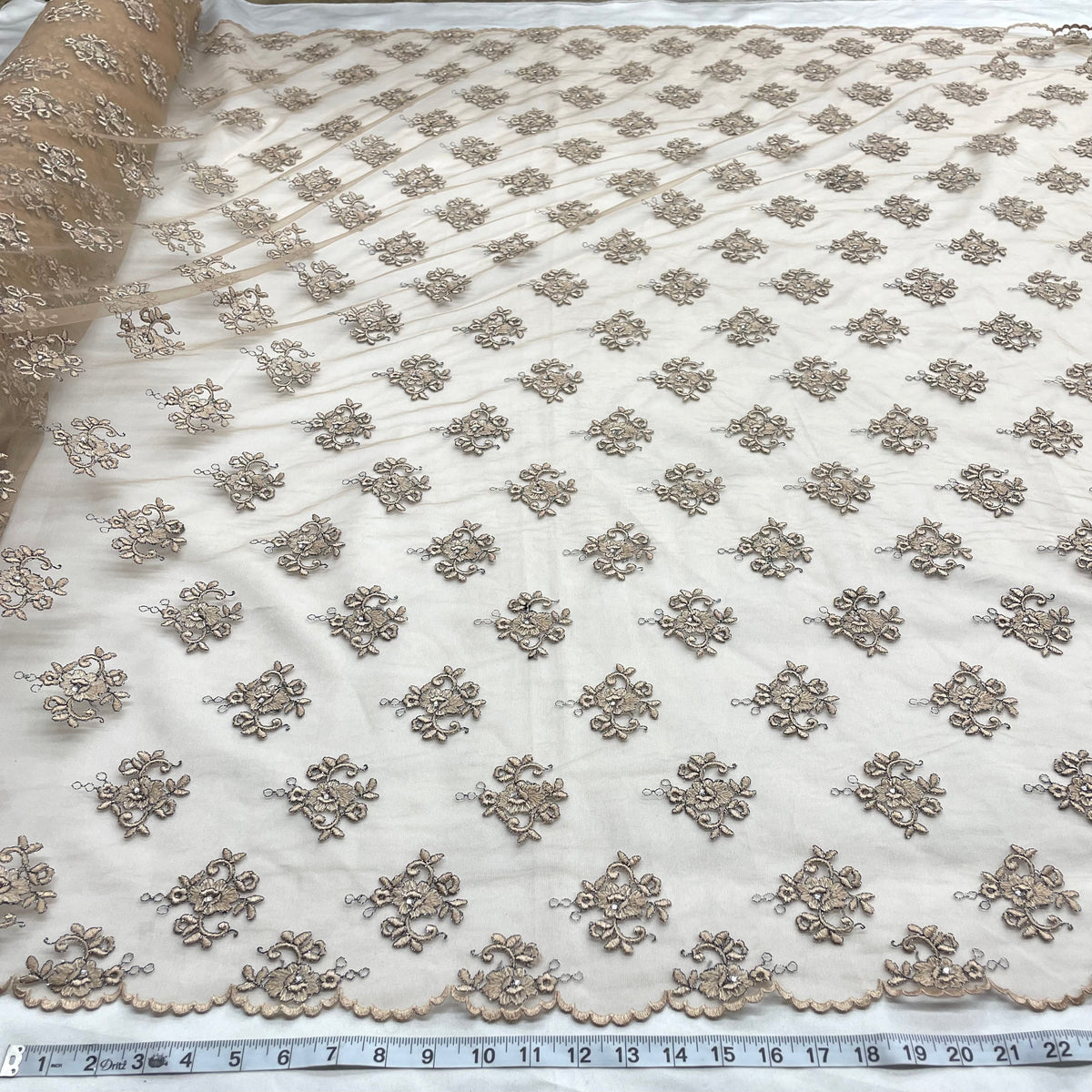 1 Yard Elegant Beaded Lace Fabric with Embroidery on 100% Polyester Mesh, Style 42093W-BP
