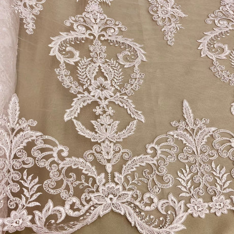 Beaded Corded Bridal Lace Fabric - White, Ivory, Embroidered Net Mesh, 51" Width (1 Yard)