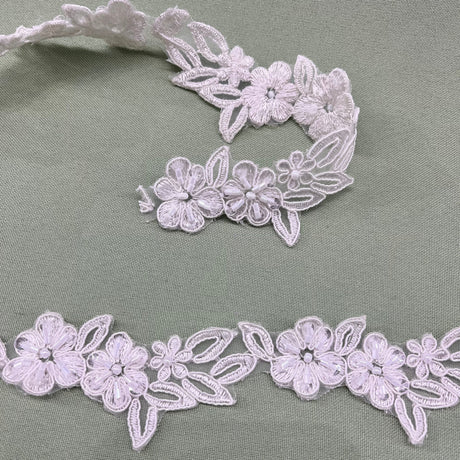 Beaded & Corded Lace Trimming Embroidered On 100% Polyester Net Fabric - 1.5" Width, Multiple Colors (1 Yard)
