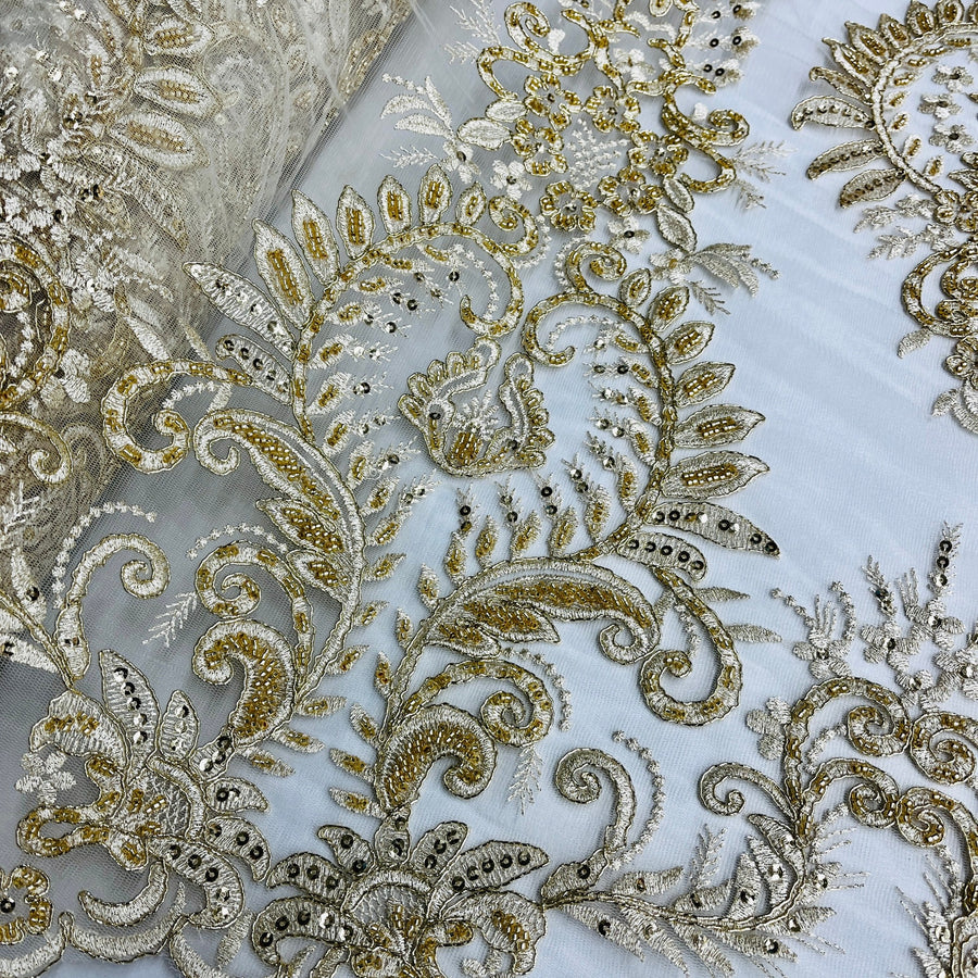 1 Yard Ivory Beaded and Corded Bridal Lace Fabric Embroidered on Polyester Net Mesh 52 Inch Width