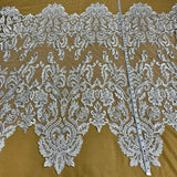 1 Yard Stunning Beaded and Corded Bridal Lace Fabric Embroidered on 100% Polyester Net Mesh White
