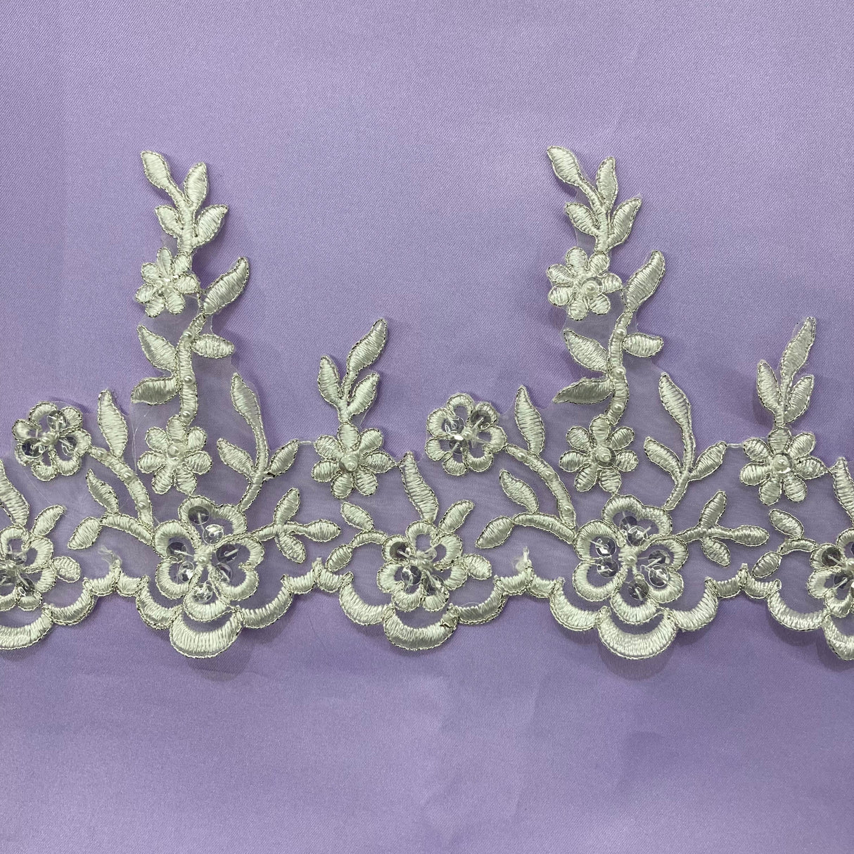 Beaded Corded Lace Trim on Polyester Mesh, 5.5"