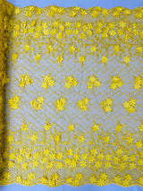 Lia 3D Floral Design Lace Fabric - Beaded Mesh, Double Scallop, 54" Width (1 Yard)