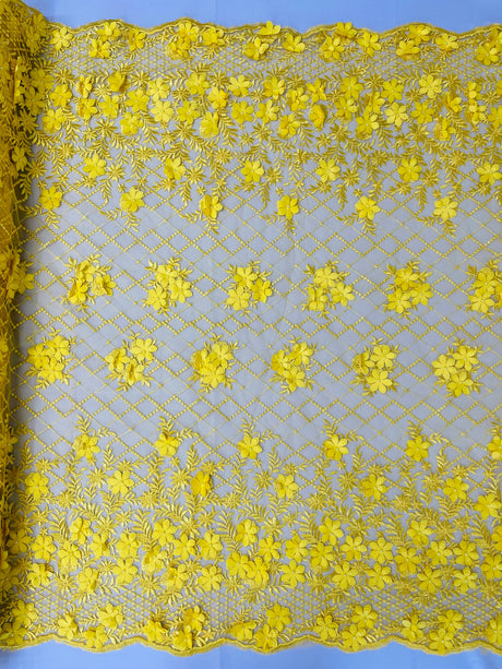 Lia 3D Floral Design Lace Fabric - Beaded Mesh, Double Scallop, 54" Width (1 Yard)
